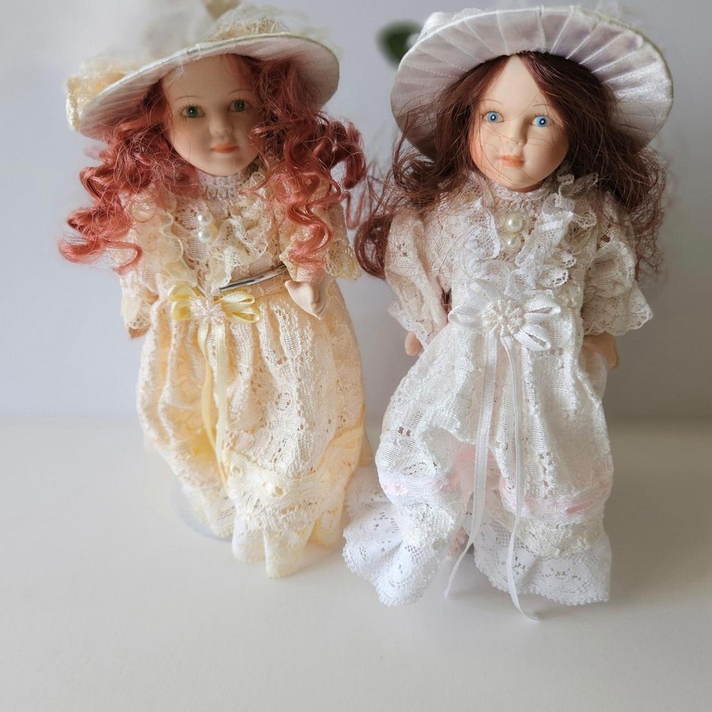 Victorian Style Porcelain Girl Dolls in Lace Dresses - 2 Figures with Stands
